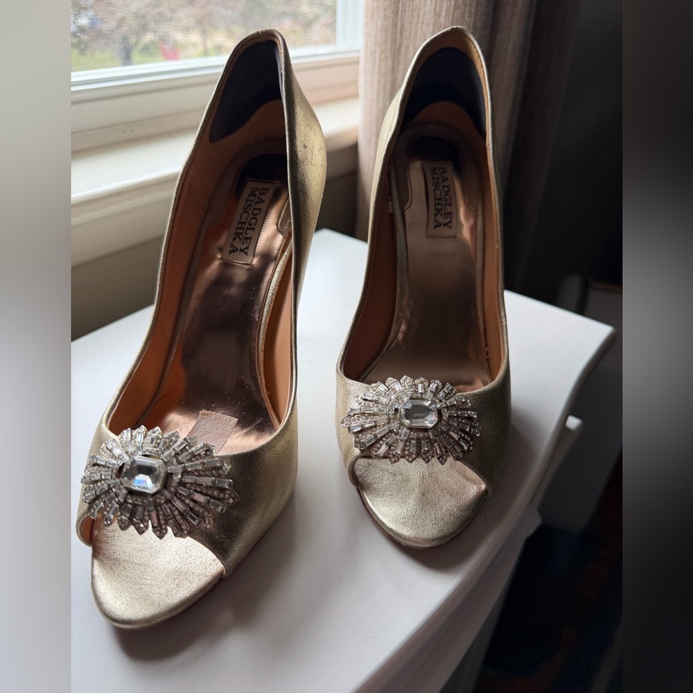 Badgley Mischka Gold Embellished Peep-Toe Heels